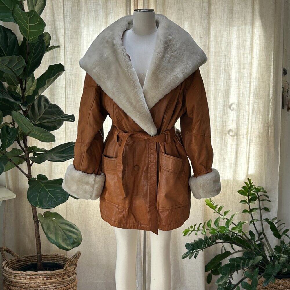 Penny Lane Shearling Trim Leather Coat Boho 70s Revival Oversized L Wilsons - Picture 2 of 16